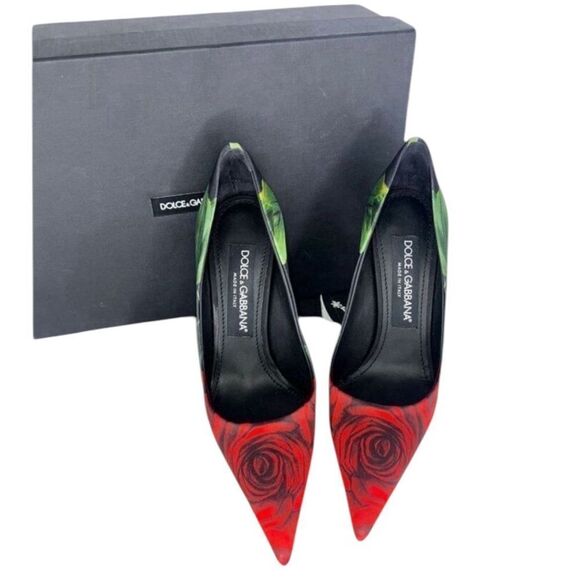 NWT DOLCE & GABBANA Black Satin Rose Print Pointed Toe Stiletto Pumps Si… - Picture 13 of 16